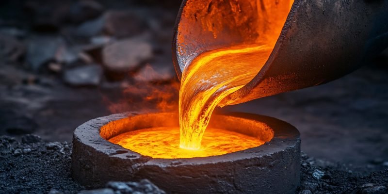 Molten metal pouring into a mold.